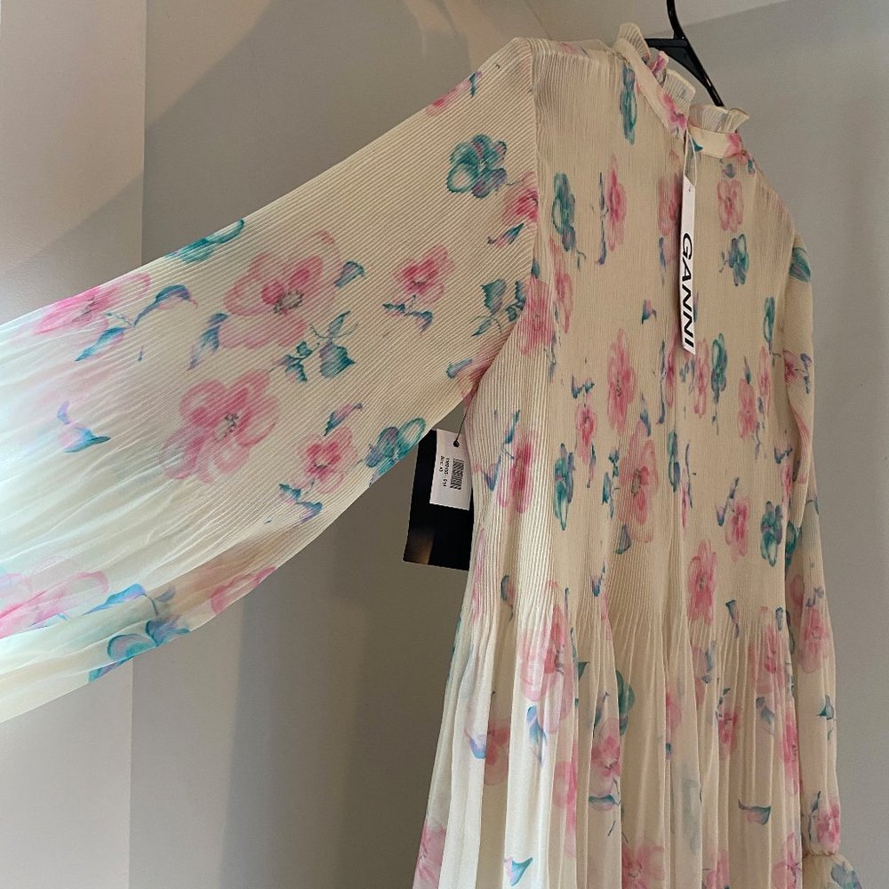 Ganni Long-Sleeved Pleated Floral Georgette Dress